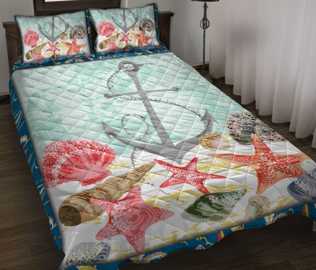 Anchor Quilt Bedding Set, Ocean Anchor Starfish Ocean Beach Sea Blue Quilt Blanket With Pillowcases, Duvet Cover Set