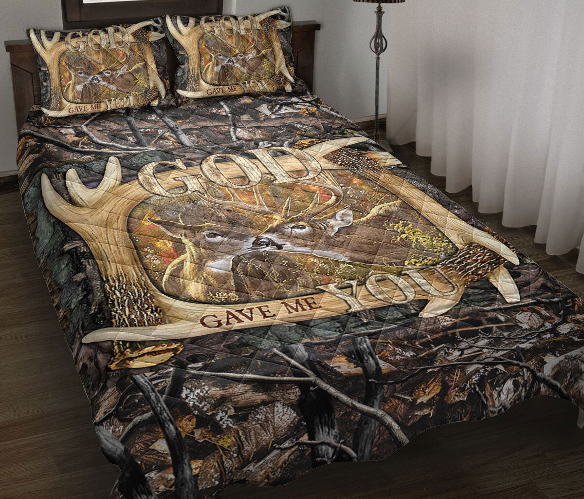 Deer Quilt Bedding Set, Deer Couple God Gave Me You Anniversary Couple Husband & Wife Quilt Blanket With Pillowcases, Duvet Cover Set