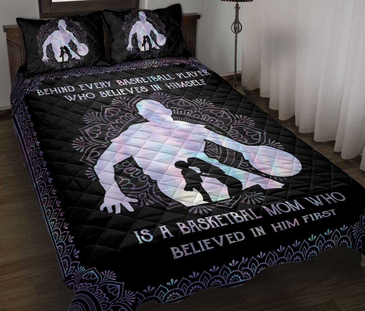 Basketball Quilt Bedding Set, Behind Basketball Player Mom Believe In Him Quilt Blanket With Pillowcases, Duvet Cover Set