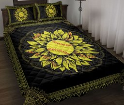 Softball Quilt Bedding Set, Softball Ball Sunflower Quilt Blanket With Pillowcases, Duvet Cover Set