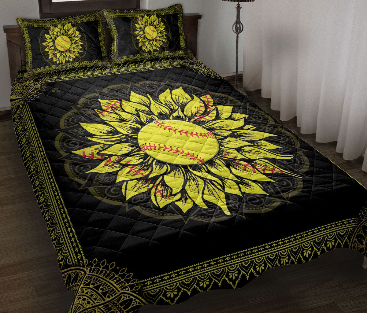 Softball Quilt Bedding Set, Softball Ball Sunflower Quilt Blanket With Pillowcases, Duvet Cover Set