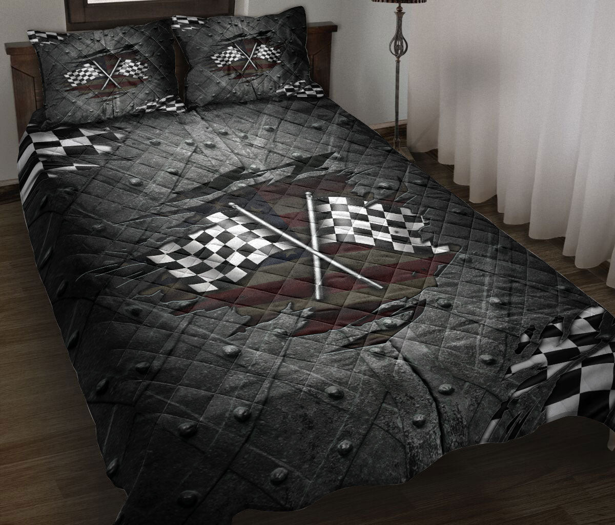 Racing Quilt Bedding Set, Racing Flag Crack Checkered Flag Racer Racing Quilt Blanket With Pillowcases, Duvet Cover Set