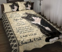 Tuxedo Cat,Cat Quilt Bedding Set, Black & White Tuxedo Cat I Am Your Friend Cat Kitten Beige Quilt Blanket With Pillowcases, Duvet Cover Set