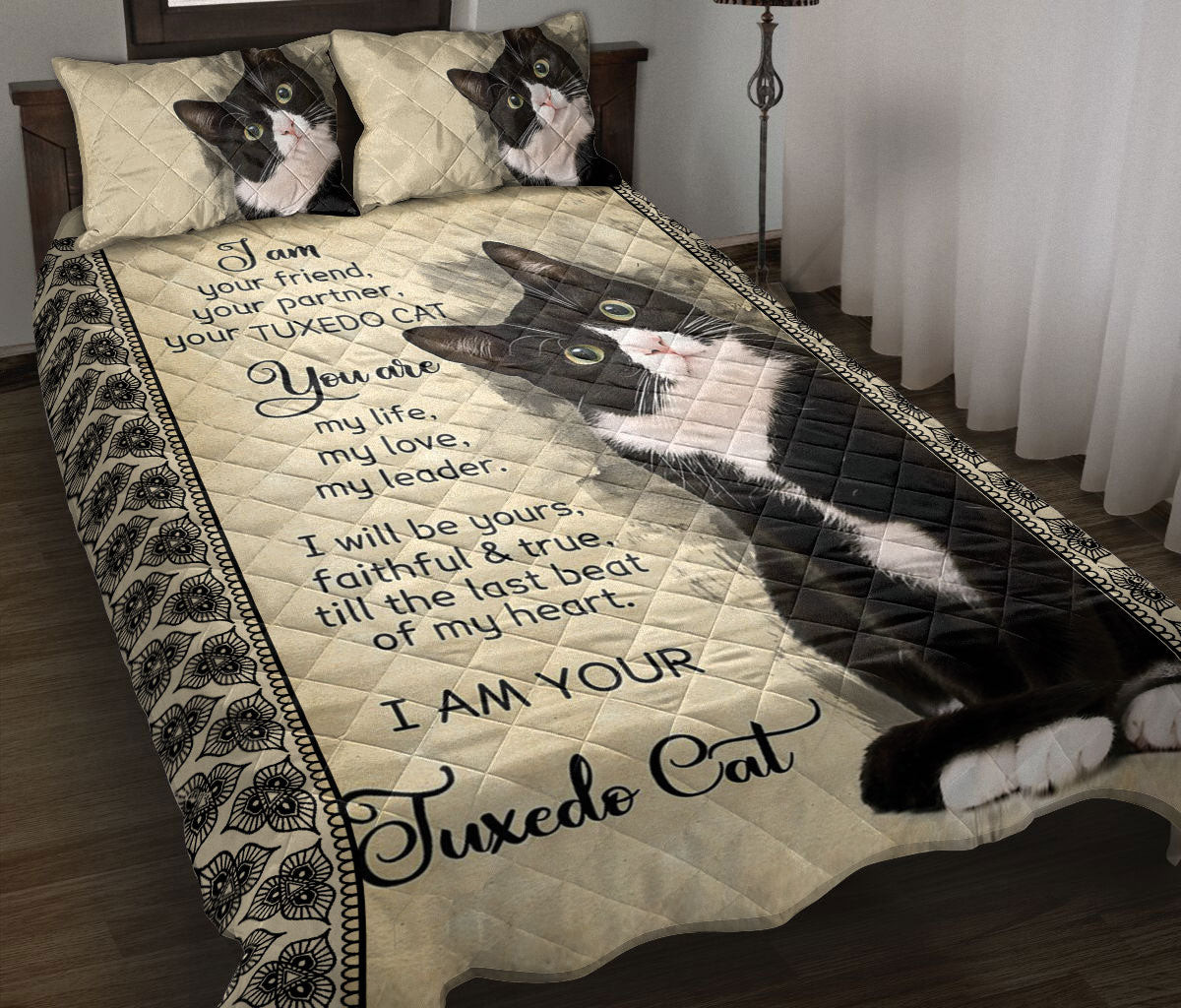 Tuxedo Cat,Cat Quilt Bedding Set, Black & White Tuxedo Cat I Am Your Friend Cat Kitten Beige Quilt Blanket With Pillowcases, Duvet Cover Set