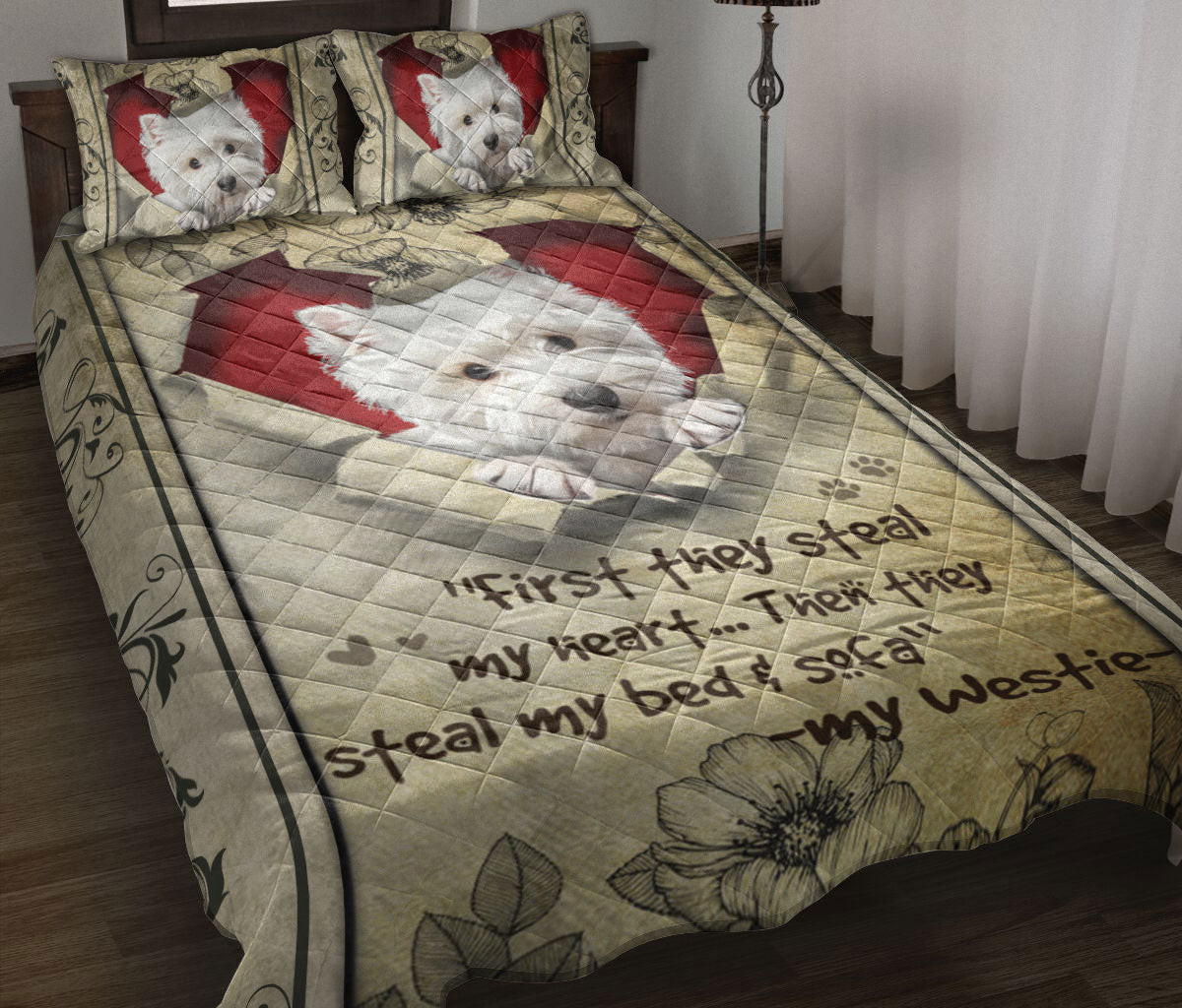 West Highland Quilt Bedding Set, West Highland White Terrier They Steal My Heart Floral Beige Dog Quilt Blanket With Pillowcases, Duvet Cover Set