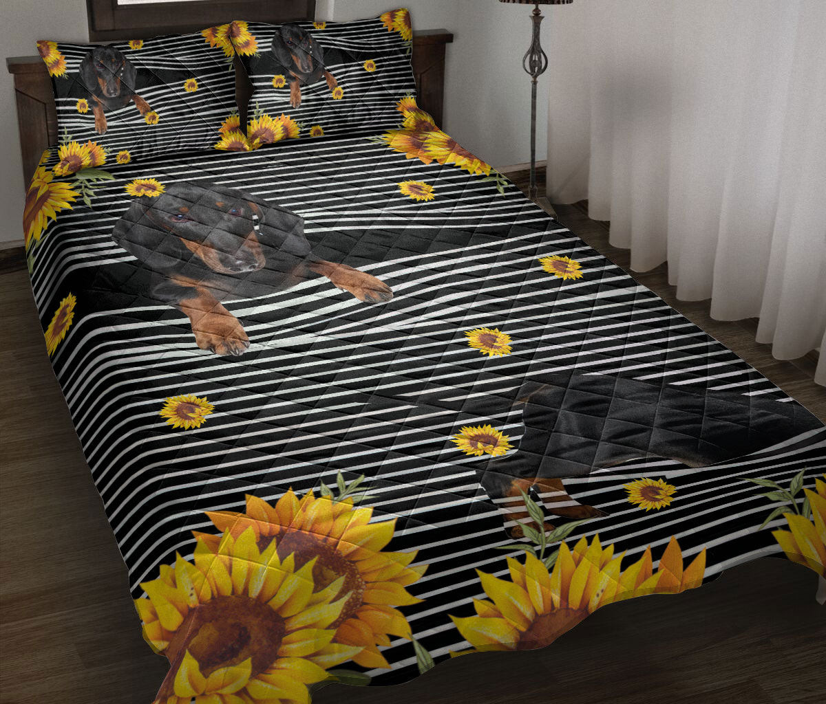 Dachshund Quilt Bedding Set, Dachshund Weiner Doxie Dog Sunflower Floral B&W Stripe Quilt Blanket With Pillowcases, Duvet Cover Set