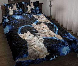 Tabby Cat Quilt Bedding Set, Tabby Cat Blue Heart Floral Cat Kitten Quilt Blanket With Pillowcases, Duvet Cover Set