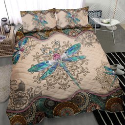 Dragonfly Quilt Bedding Set, Dragonfly Mandala Quilt Blanket With Pillowcases, Duvet Cover Set