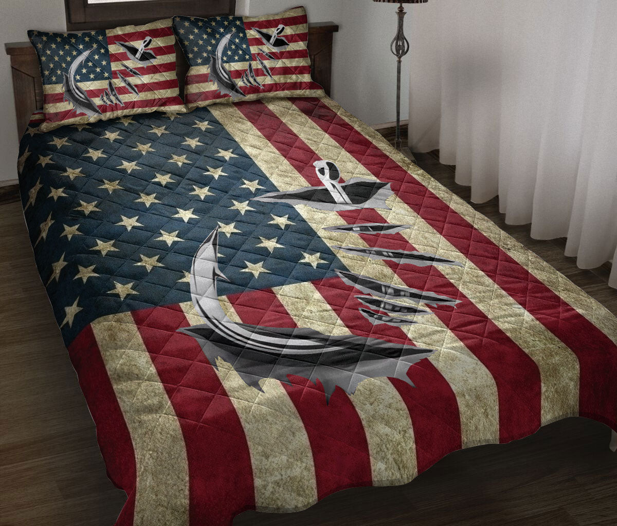 Fishing Quilt Bedding Set, Fishing Hook Us Flag Patriotic Quilt Blanket With Pillowcases, Duvet Cover Set