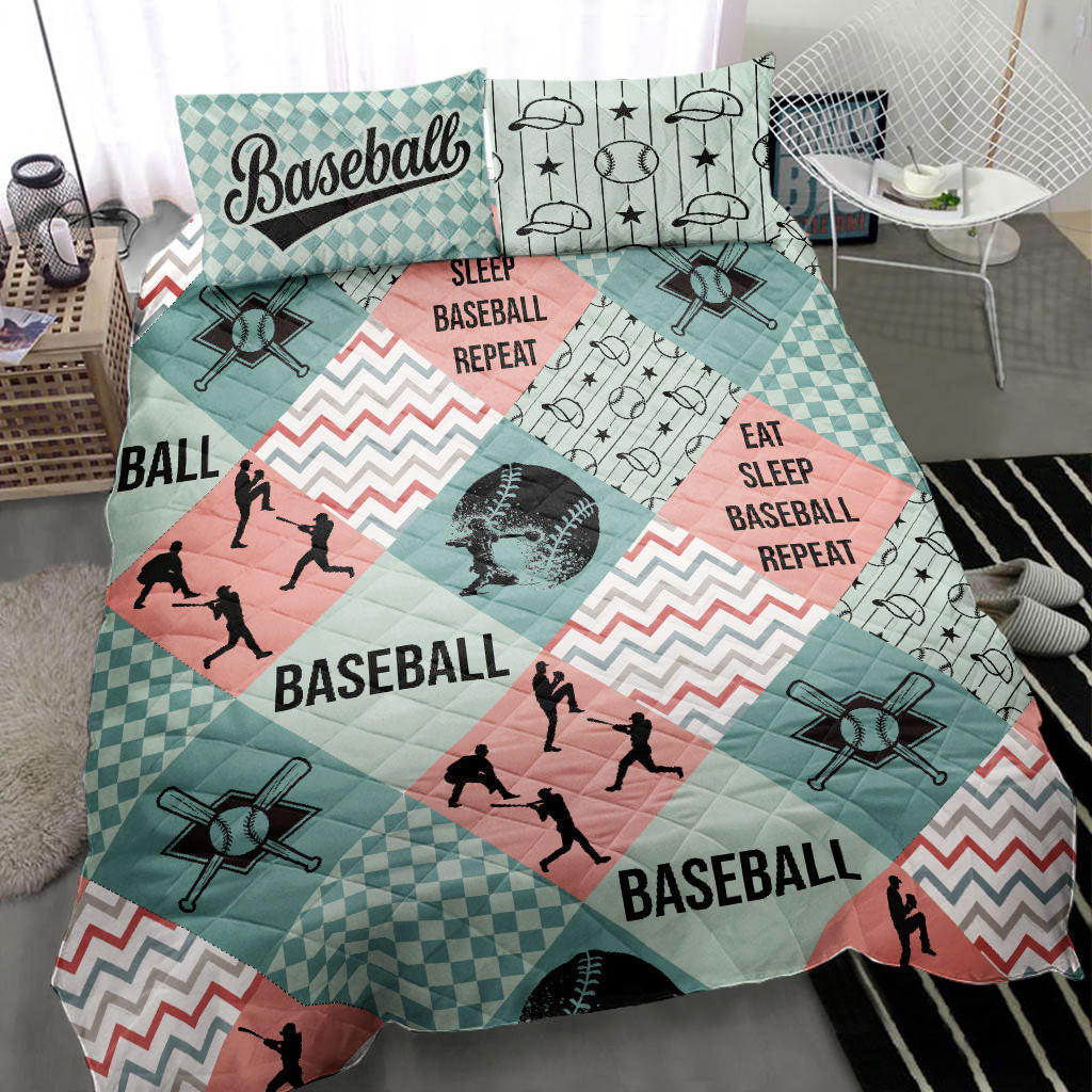 Baseball Quilt Bedding Set, Baseball Caro Patchwork Blue Green Player Pose Batter Quilt Blanket With Pillowcases, Duvet Cover Set, Sports Gifts