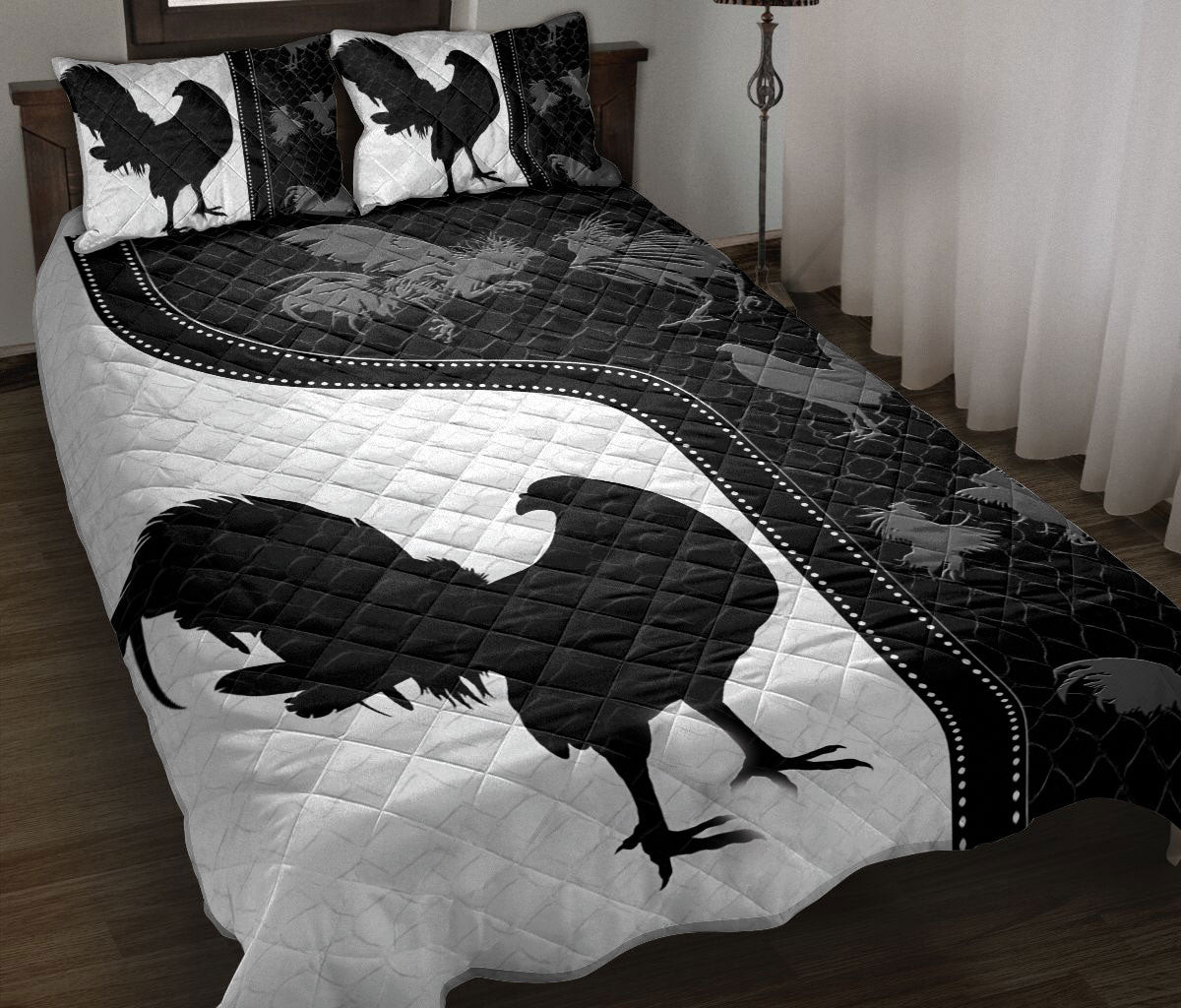 Chicken Quilt Bedding Set, Chicken Rooster Black & White Farm Quilt Blanket With Pillowcases, Duvet Cover Set