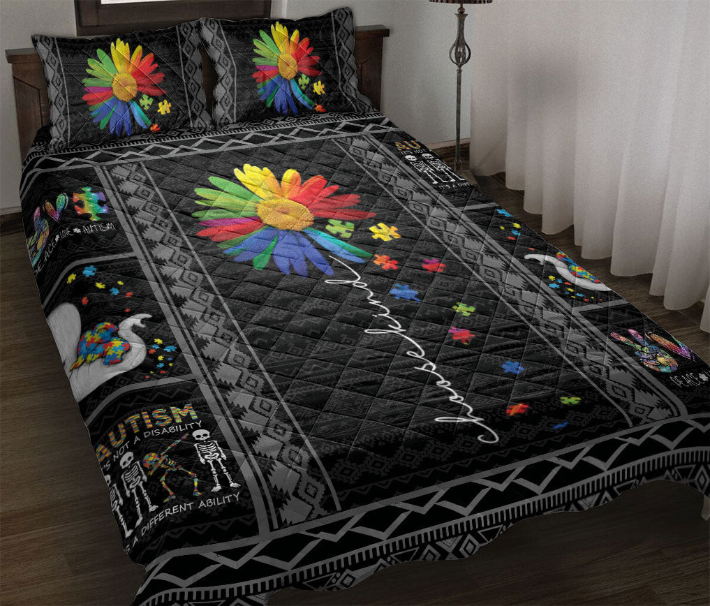 Autism Quilt Bedding Set, Autism Awareness Rainbow Sunflower Choose Kind Black Asd Support Quilt Blanket With Pillowcases, Duvet Cover Set