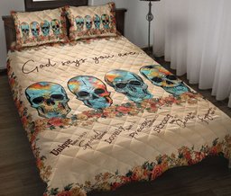 Skull Quilt Bedding Set, God Says You Are, Skull And Flower Quilt Blanket With Pillowcases, Duvet Cover Set