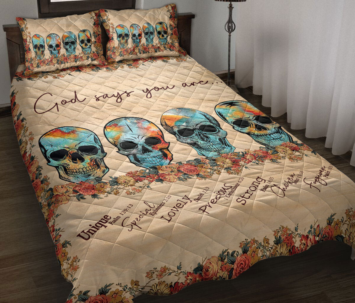 Skull Quilt Bedding Set, God Says You Are, Skull And Flower Quilt Blanket With Pillowcases, Duvet Cover Set