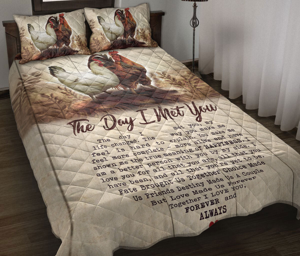 Chicken Quilt Bedding Set, Chicken The Day I Met You Couple Husband & Wife Farm Quilt Blanket With Pillowcases, Duvet Cover Set
