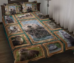 Otter Quilt Bedding Set, Cute Otters Frame Patchwork Floral Quilt Blanket With Pillowcases, Duvet Cover Set