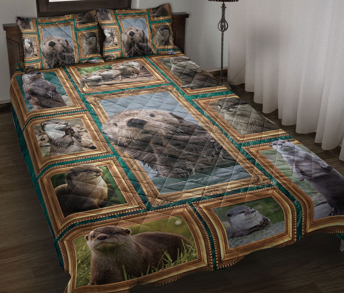 Otter Quilt Bedding Set, Cute Otters Frame Patchwork Floral Quilt Blanket With Pillowcases, Duvet Cover Set