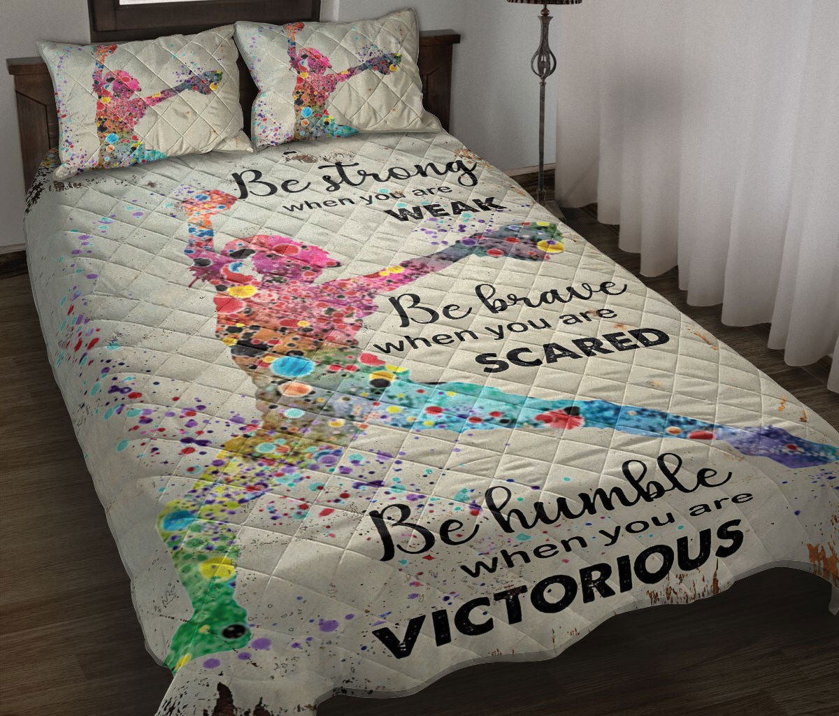 Softball Quilt Bedding Set, Watercolor Softball Baseball Girl Beige Be Strong Quilt Blanket With Pillowcases, Duvet Cover Set