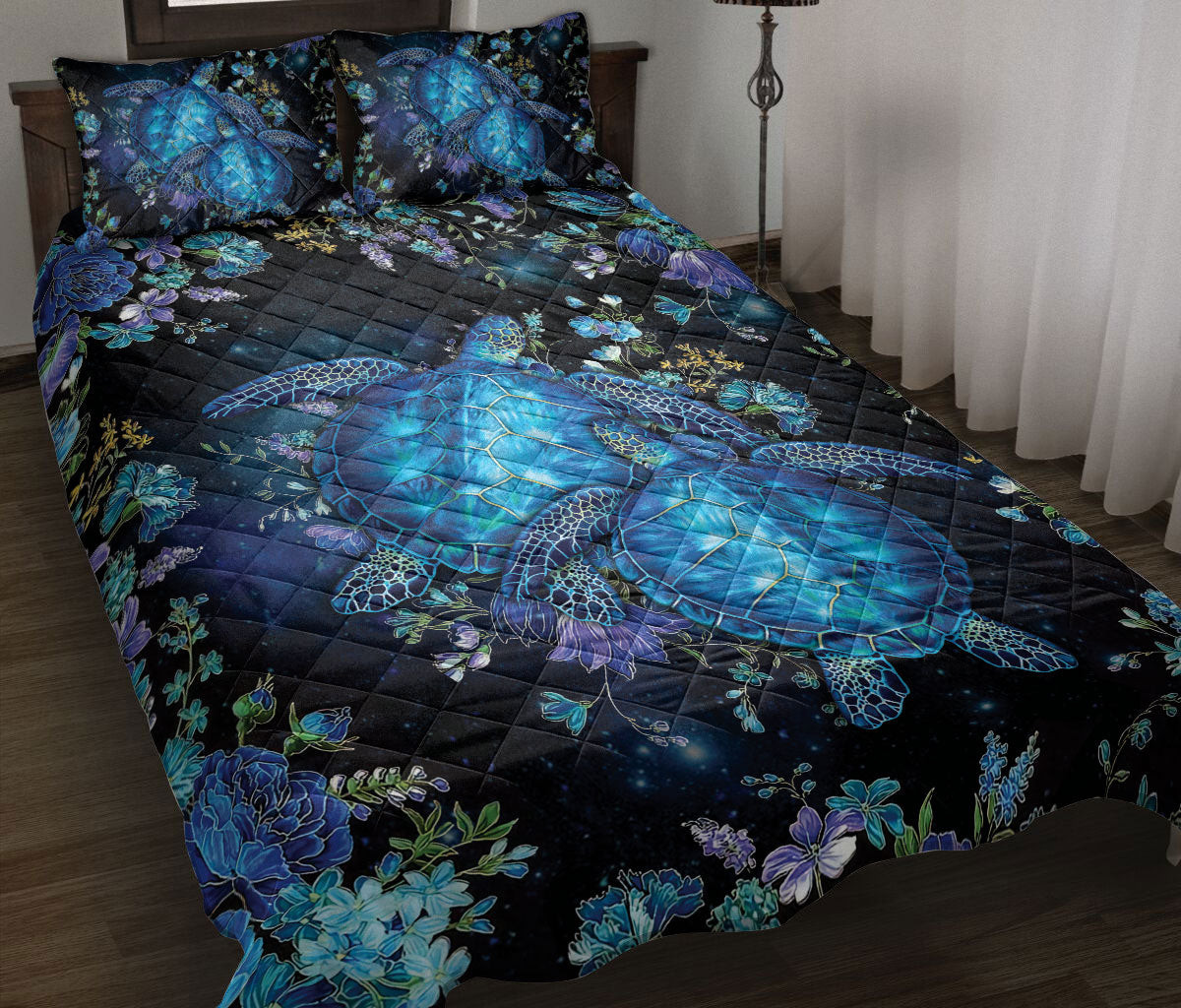 Turtle Quilt Bedding Set, Turtle And Flower Galaxy Night Quilt Blanket With Pillowcases, Duvet Cover Set