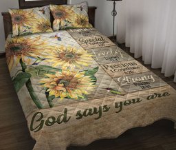 Hummingbird Quilt Bedding Set, Hummingbird Sunflower Wood God Says You Areian Quilt Blanket With Pillowcases, Duvet Cover Set