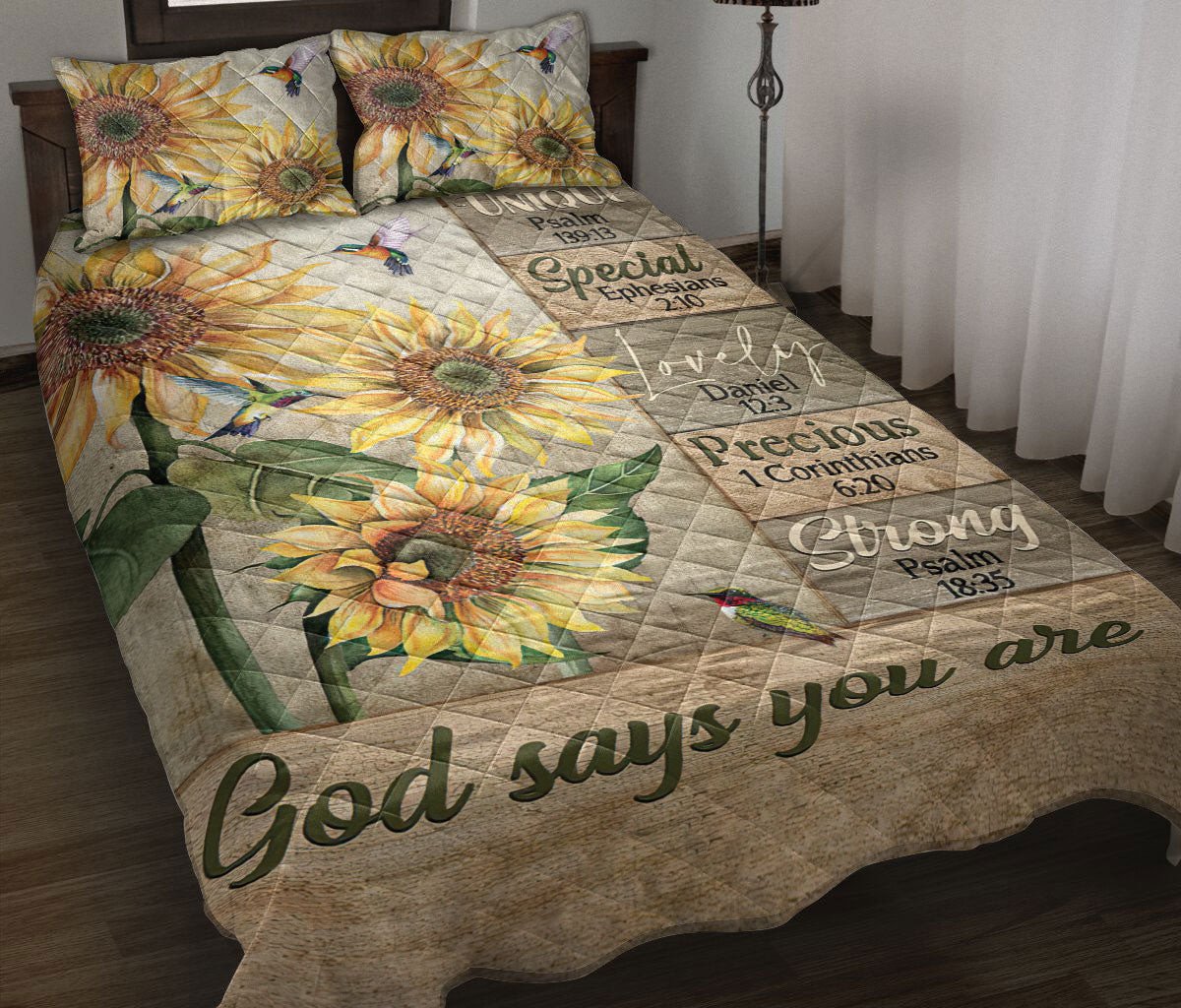 Hummingbird Quilt Bedding Set, Hummingbird Sunflower Wood God Says You Areian Quilt Blanket With Pillowcases, Duvet Cover Set