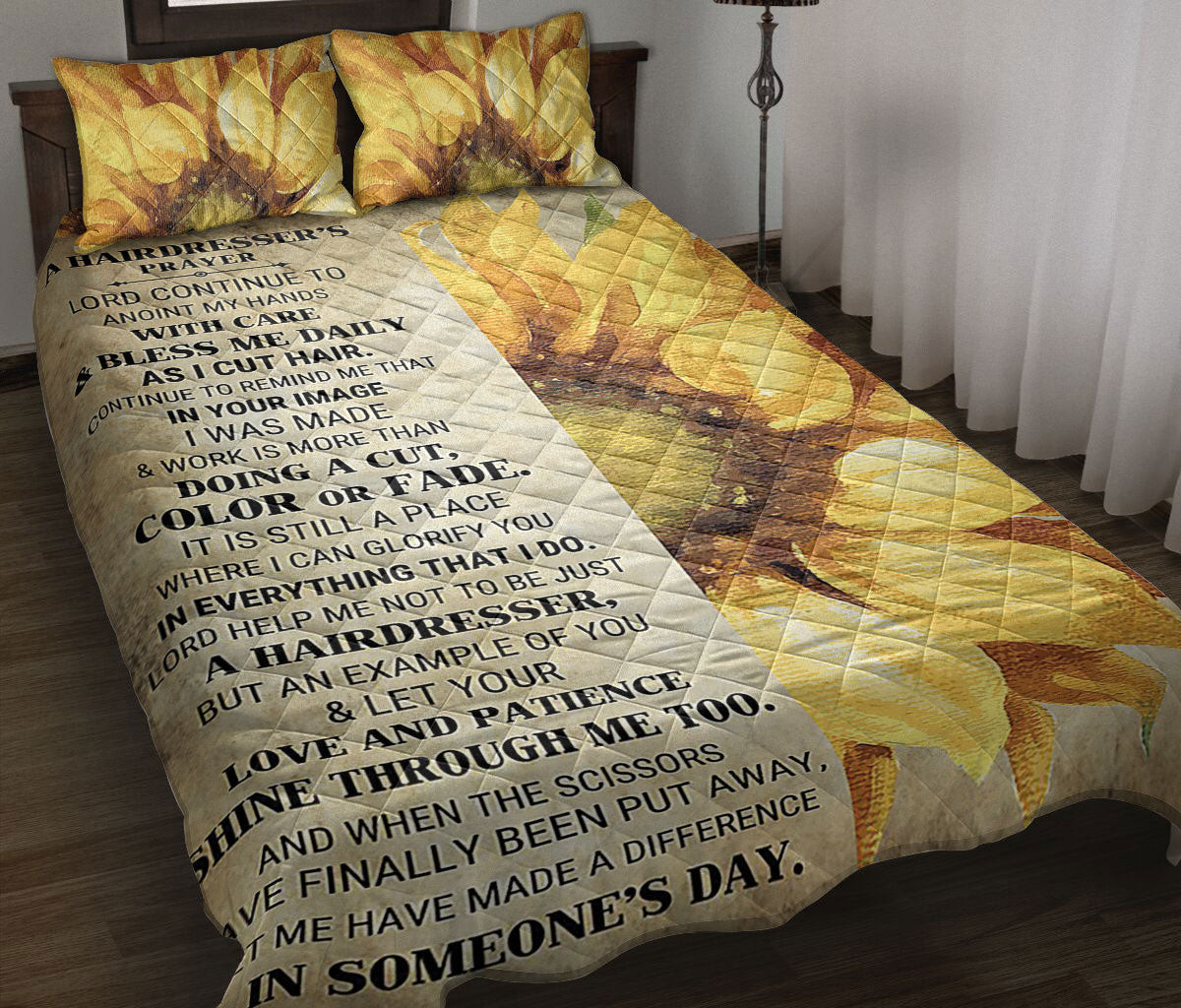 Hairdresser Quilt Bedding Set, A Hairdresser'S Prayer Sunflower Floral Hairdresser Beige Quilt Blanket With Pillowcases, Duvet Cover Set