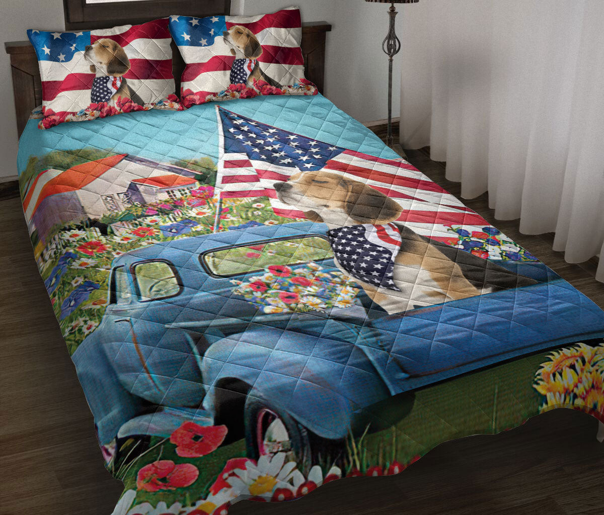 Beagle Quilt Bedding Set, Beagle In Car Patriotic Dog Us Flag Flower Spring Country Road Quilt Blanket With Pillowcases, Duvet Cover Set
