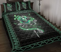 Dragonfly Quilt Bedding Set, Dragonfly Green Rose Flower Floral Dragonfly Quilt Blanket With Pillowcases, Duvet Cover Set