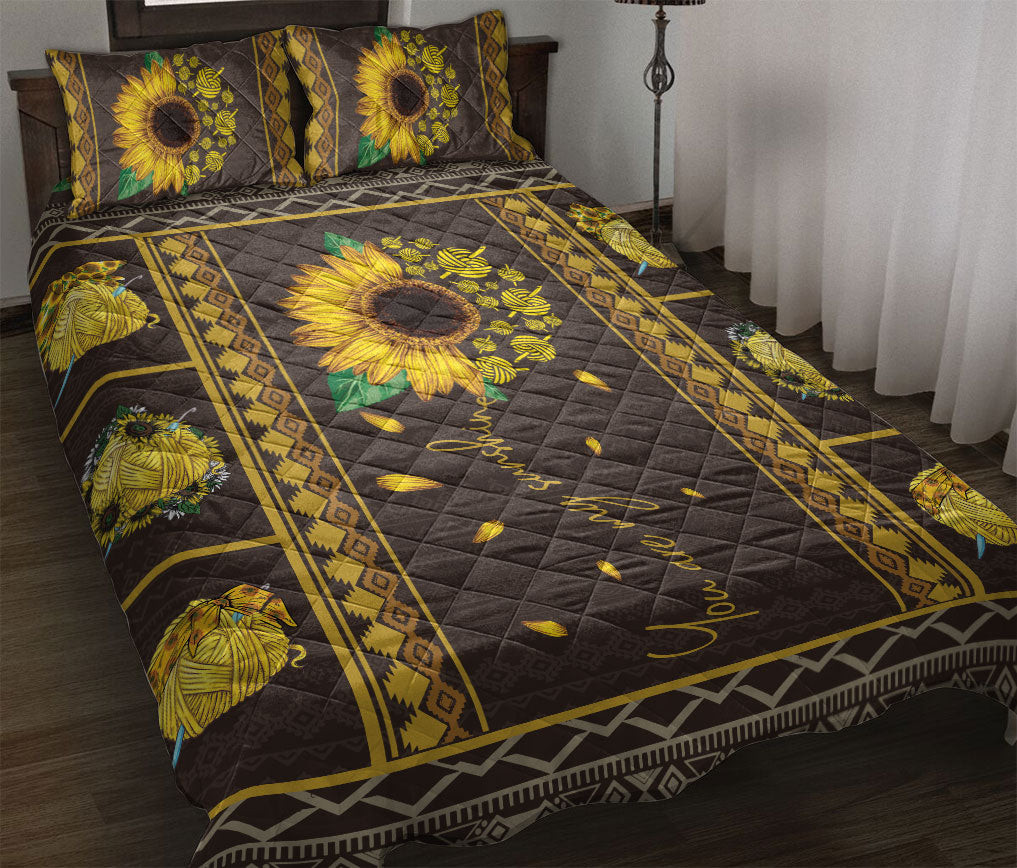 Knitting Quilt Bedding Set, Quilting Knitting Sunflower You Are My Sunshine Yellow Patchwork Quilt Blanket With Pillowcases, Duvet Cover Set
