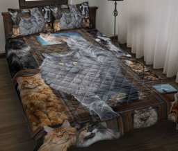Maine Coon,Cat Quilt Bedding Set, Maine Coon Cat Kitten Frame Patchwork Floral Cats Quilt Blanket With Pillowcases, Duvet Cover Set
