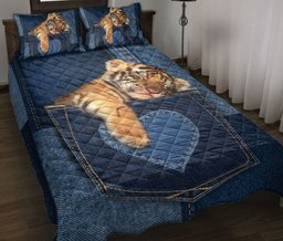 Tiger Quilt Bedding Set, Cute Sleeping Tiger In Pocket Jean Patchwork Quilt Blanket With Pillowcases, Duvet Cover Set