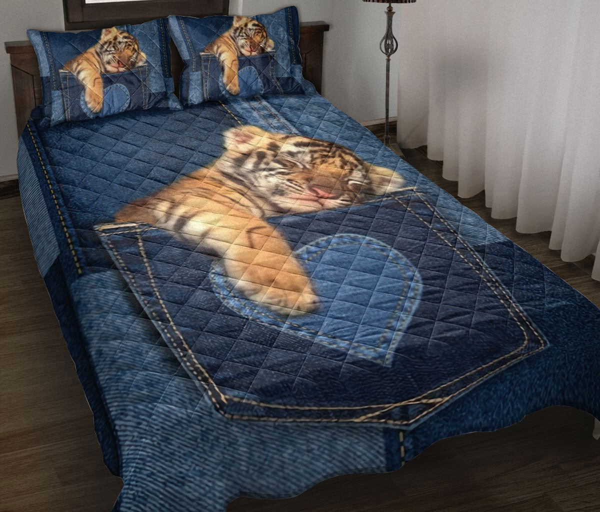 Tiger Quilt Bedding Set, Cute Sleeping Tiger In Pocket Jean Patchwork Quilt Blanket With Pillowcases, Duvet Cover Set