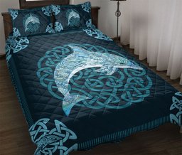 Dolphin Quilt Bedding Set, Celtic Viking Dolphin Sea Blue Quilt Blanket With Pillowcases, Duvet Cover Set