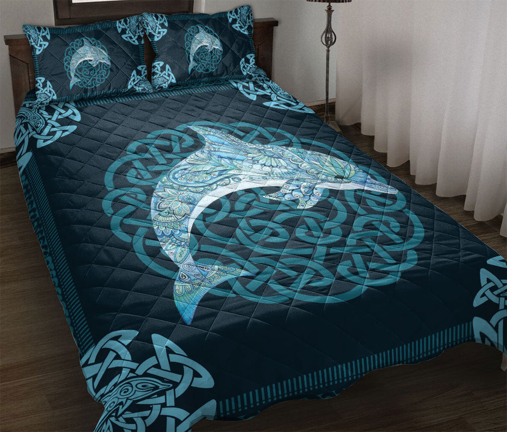 Dolphin Quilt Bedding Set, Celtic Viking Dolphin Sea Blue Quilt Blanket With Pillowcases, Duvet Cover Set