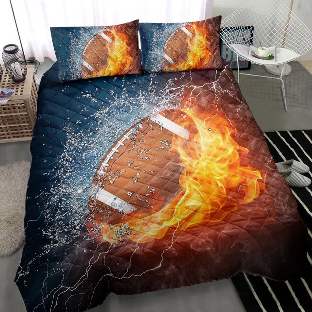 Football Quilt Bedding Set, America Football Ball Fire Water Quilt Blanket With Pillowcases, Duvet Cover Set