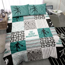 Basketball Quilt Bedding Set, Basketball Boy Eat Sleep Basketball Patchwork Green Quilt Blanket With Pillowcases, Duvet Cover Set