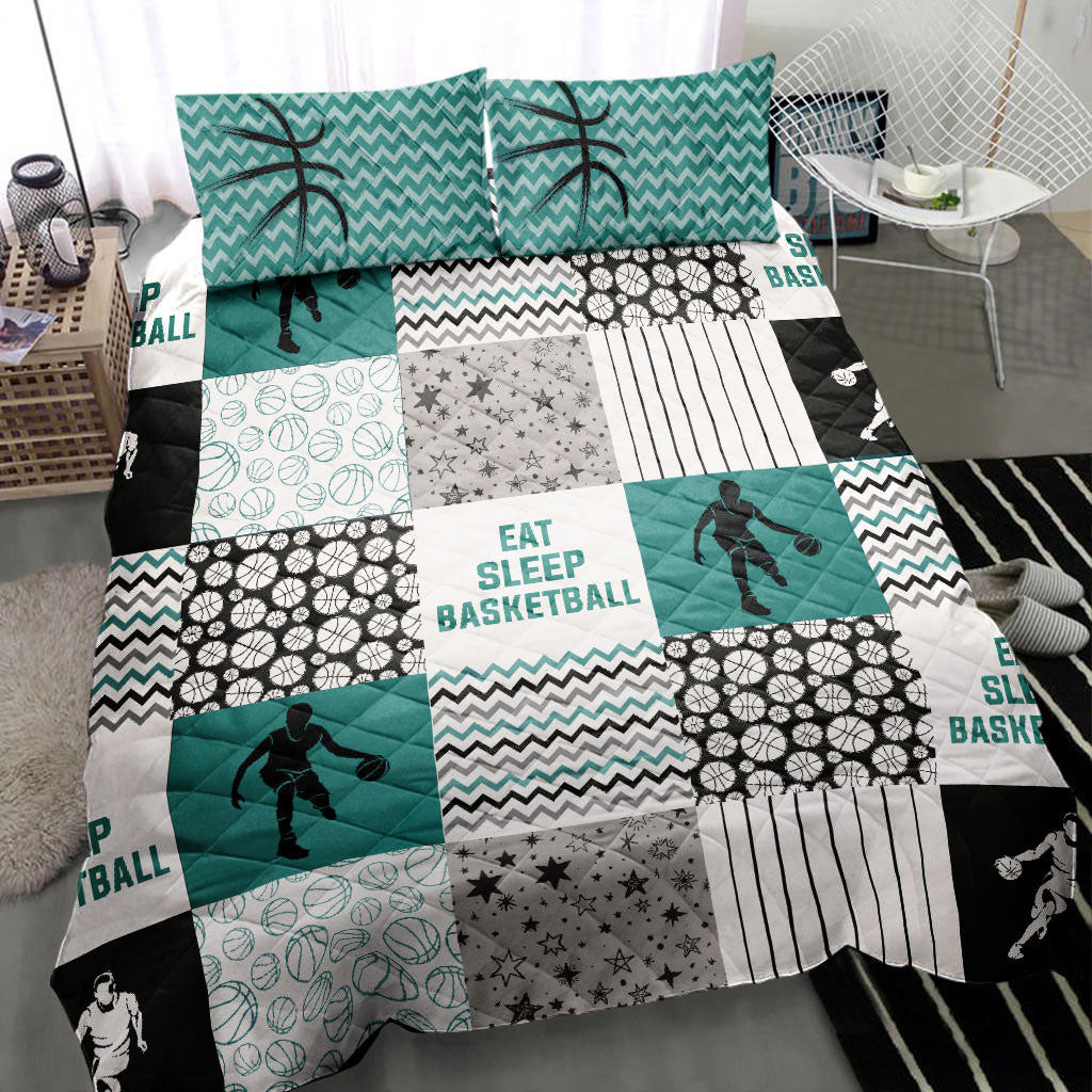 Basketball Quilt Bedding Set, Basketball Boy Eat Sleep Basketball Patchwork Green Quilt Blanket With Pillowcases, Duvet Cover Set