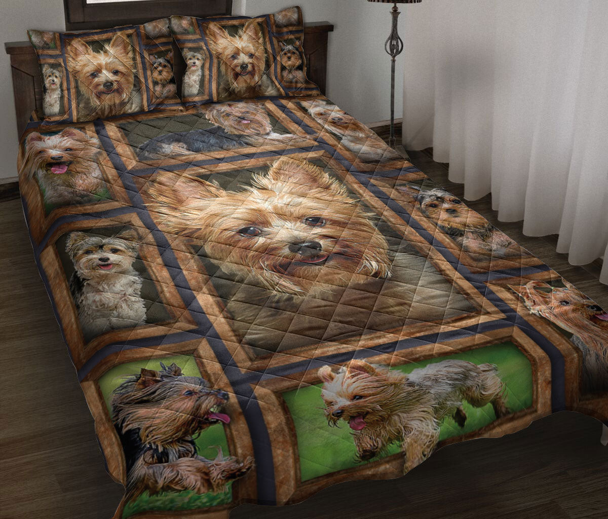 Yorkshire Quilt Bedding Set, Yorkshire Terrier Yorkie Frame Patchwork Floral Dog Puppy Quilt Blanket With Pillowcases, Duvet Cover Set
