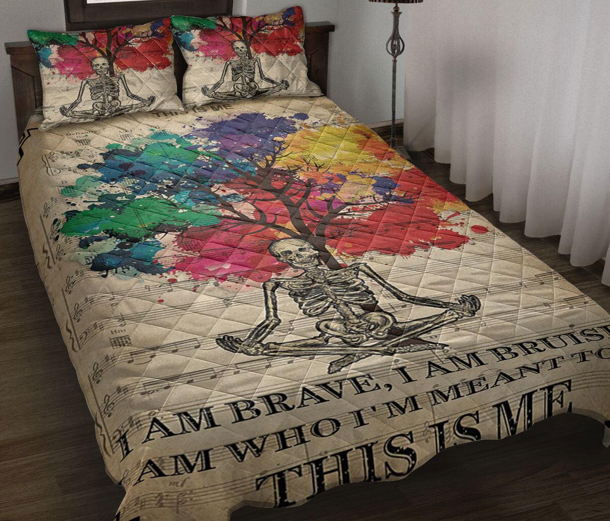Skull Quilt Bedding Set, Skull MusicSheet This Is Me Colorful Tree Quilt Blanket With Pillowcases, Duvet Cover Set