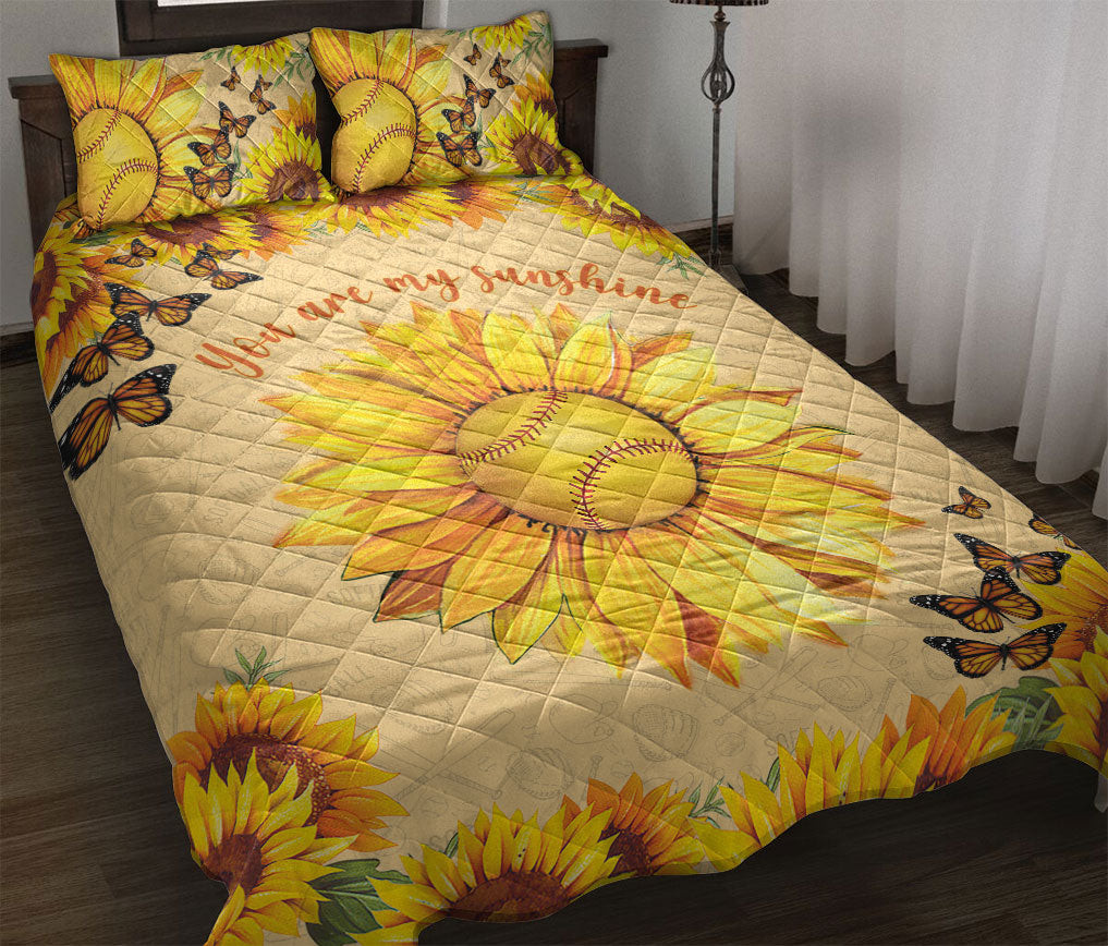 Softball Quilt Bedding Set, Sunflower Butterfly Softball Quilt Blanket With Pillowcases, Duvet Cover Set