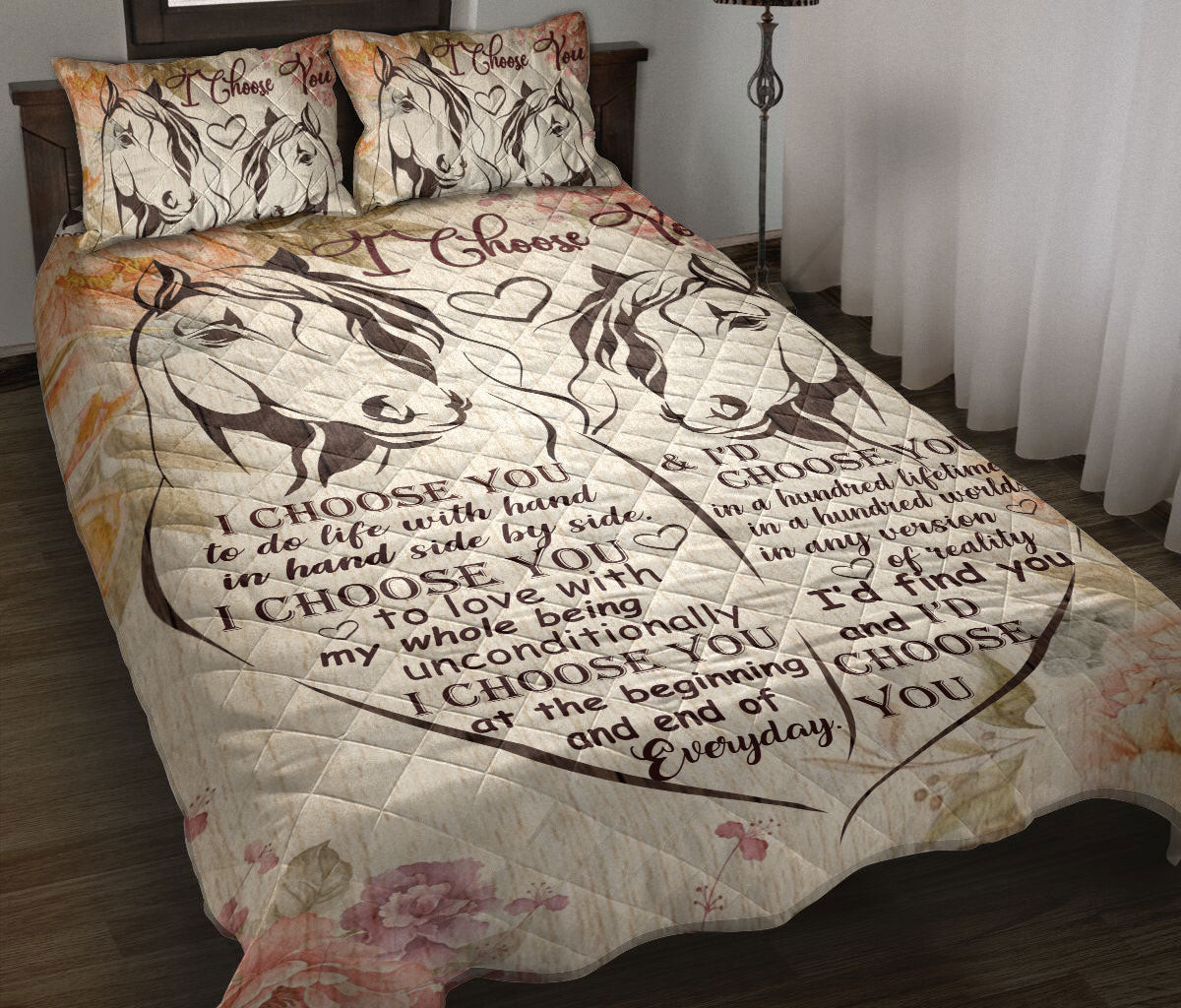 Horse Quilt Bedding Set, I Choose You Horse Couple Husband & Wife Quilt Blanket With Pillowcases, Duvet Cover Set