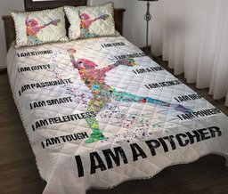 Softball Quilt Bedding Set, I Am Pitcher Softball Baseball Girl Beige Quilt Blanket With Pillowcases, Duvet Cover Set