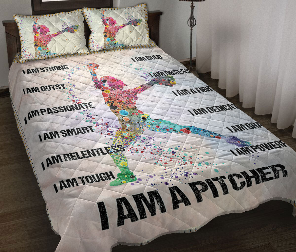 Softball Quilt Bedding Set, I Am Pitcher Softball Baseball Girl Beige Quilt Blanket With Pillowcases, Duvet Cover Set