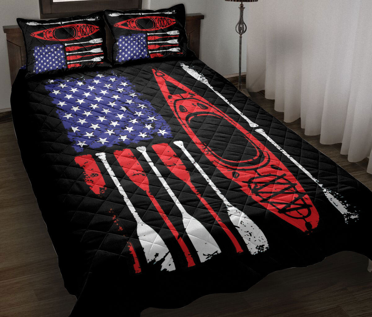 Kayak Quilt Bedding Set, Kayak American Us Flag Patriotic Kayak Quilt Blanket With Pillowcases, Duvet Cover Set