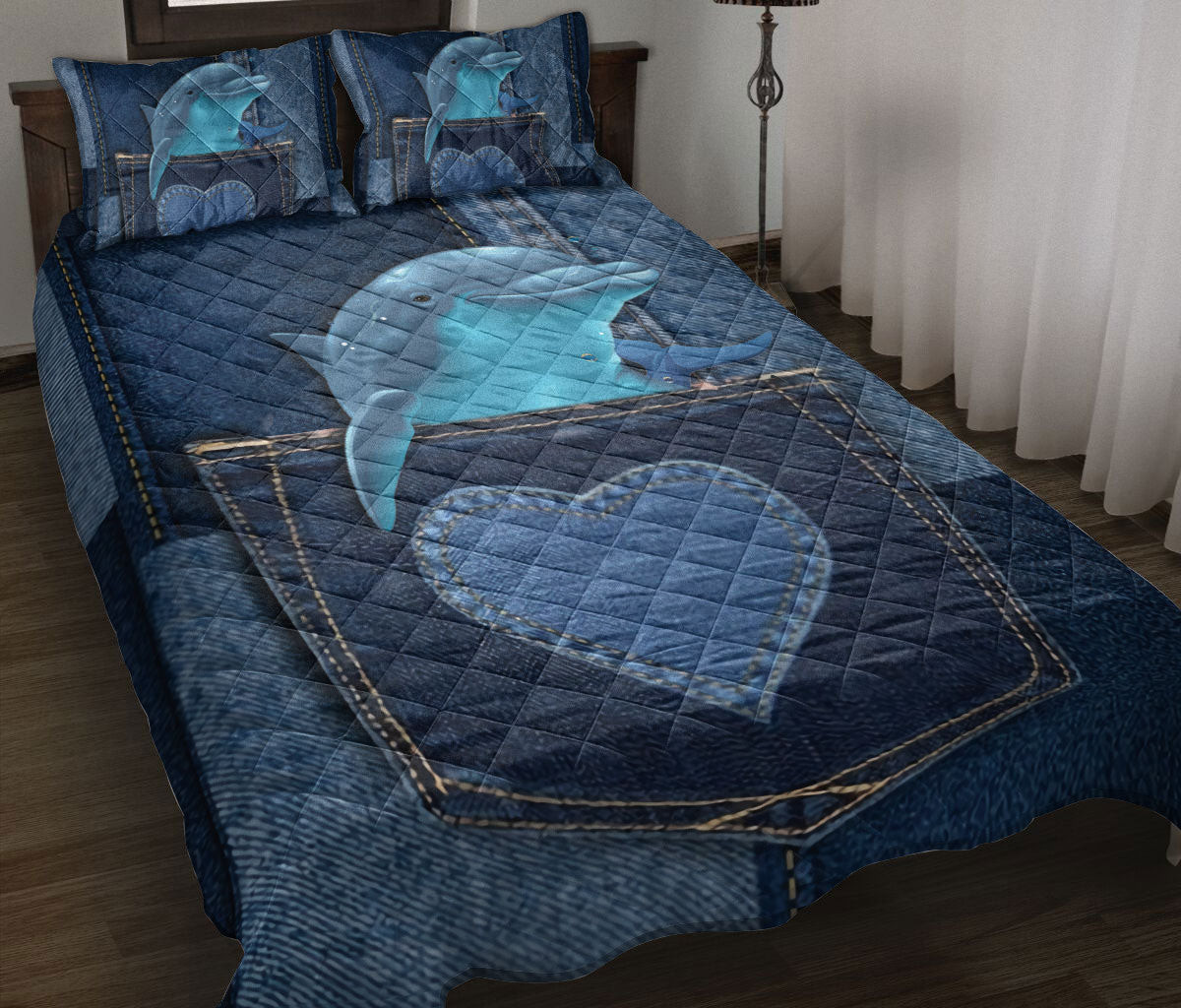 Dolphin Quilt Bedding Set, Cute Dolphin In Pocket Jean Patchwork Ocean Quilt Blanket With Pillowcases, Duvet Cover Set