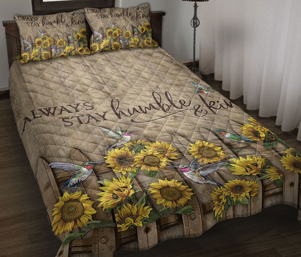 Hummingbird Quilt Bedding Set, Sunflower Garden Hummingbird Be True Be Wild Be Happy Humble & Kind Floral Quilt Blanket With Pillowcases, Duvet Cover Set
