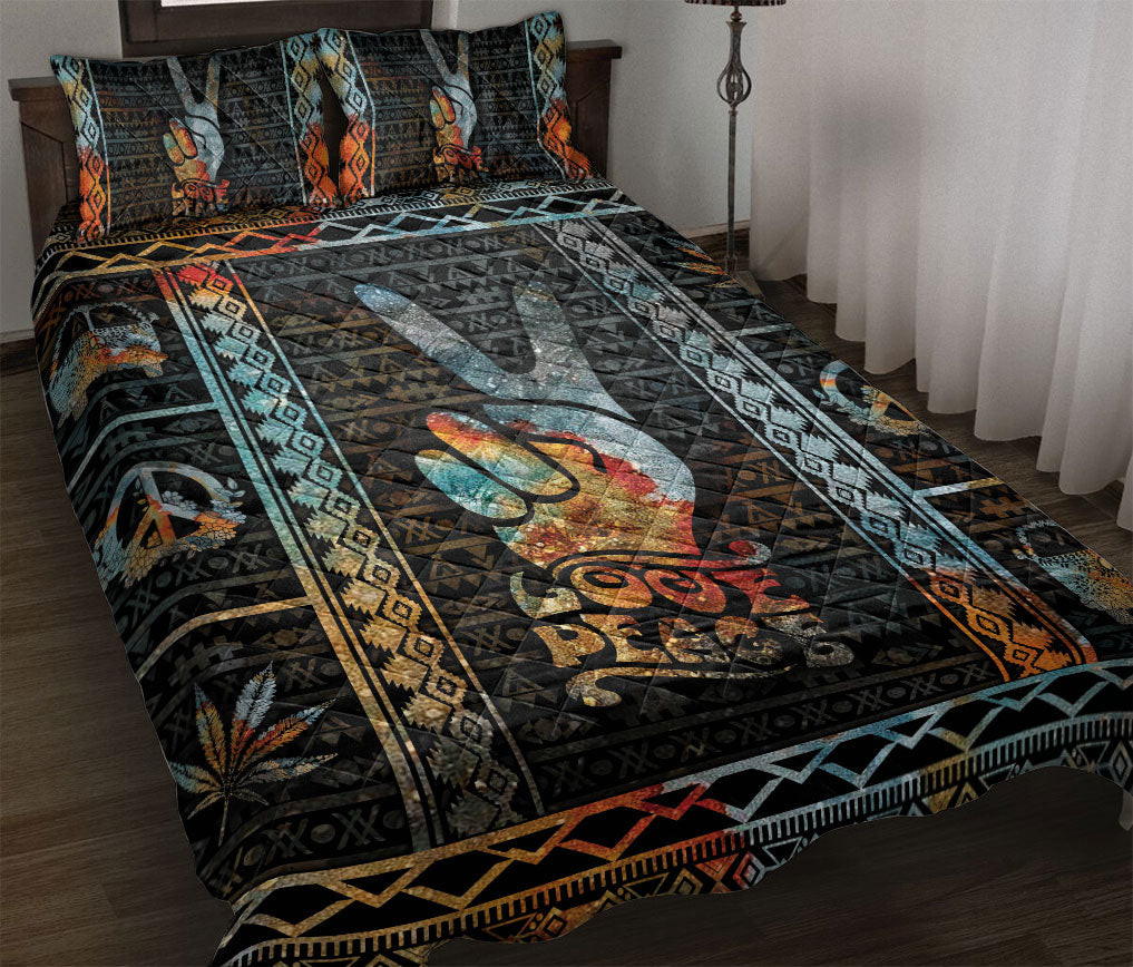 Hippie Quilt Bedding Set, Peace Hope Love Sign Hand Hippie Quilt Blanket With Pillowcases, Duvet Cover Set