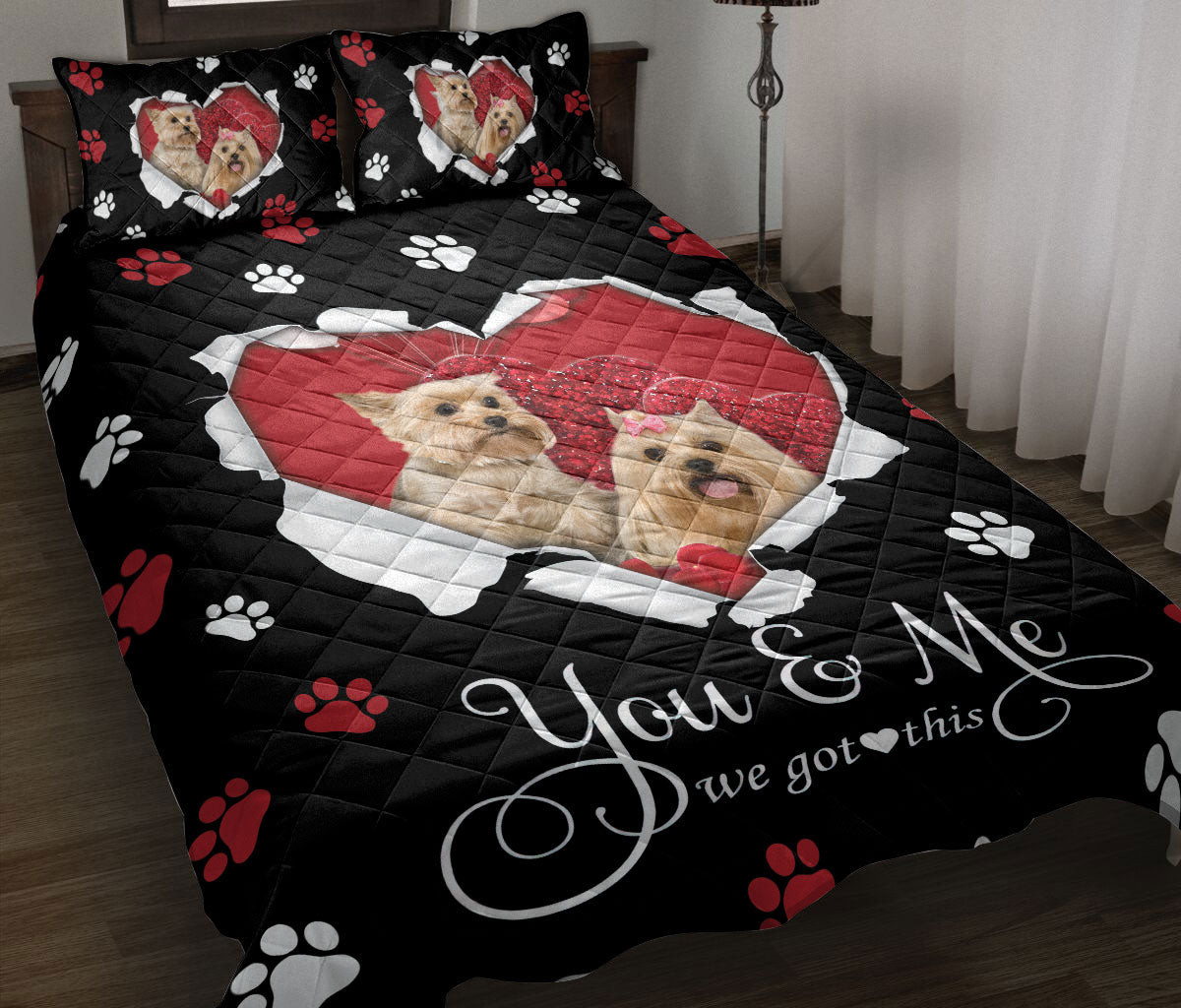 Yorkshire Quilt Bedding Set, Yorkshire Terrier Yorkie Shorkie Dog Love Heart Quilt Blanket With Pillowcases, Duvet Cover Set