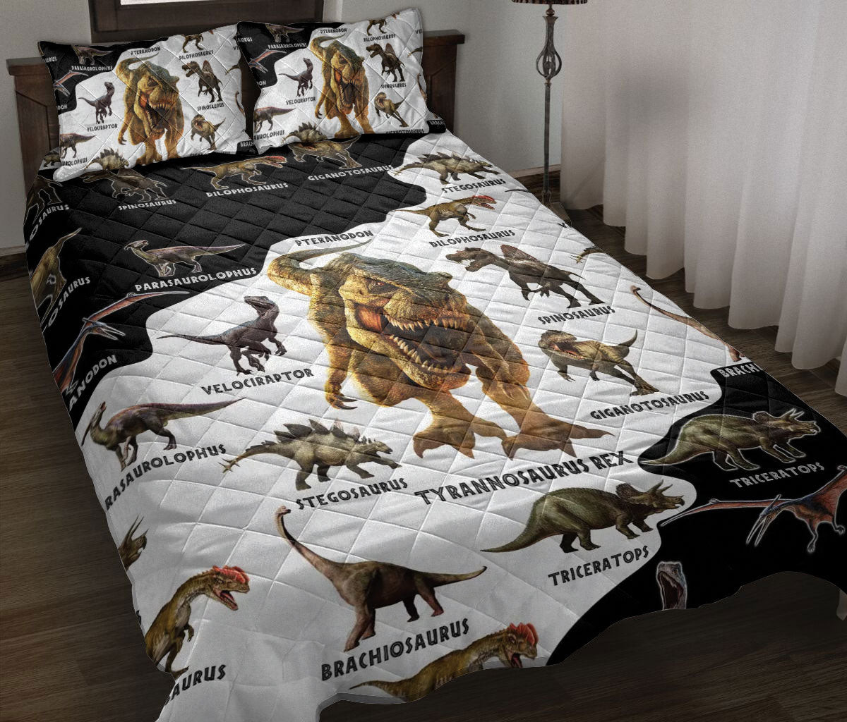 Dinosaur Quilt Bedding Set, Dinosaur Type Black & White Dinosaur Quilt Blanket With Pillowcases, Duvet Cover Set