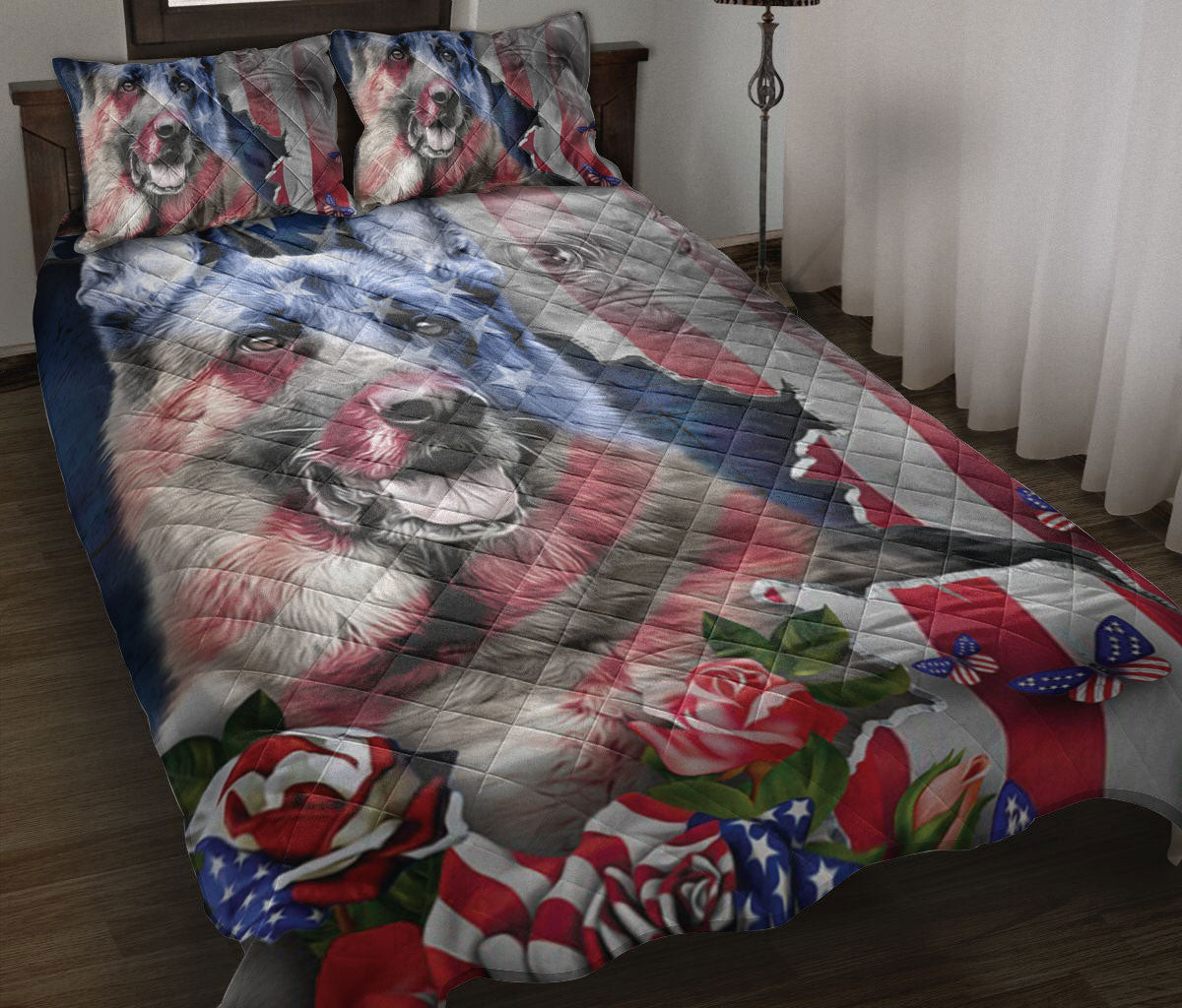 German Shepherd Quilt Bedding Set, German Shepherd Dog Proud Nation Patriotic American Us Flag Floral Quilt Blanket With Pillowcases, Bedding, July 4th Gift